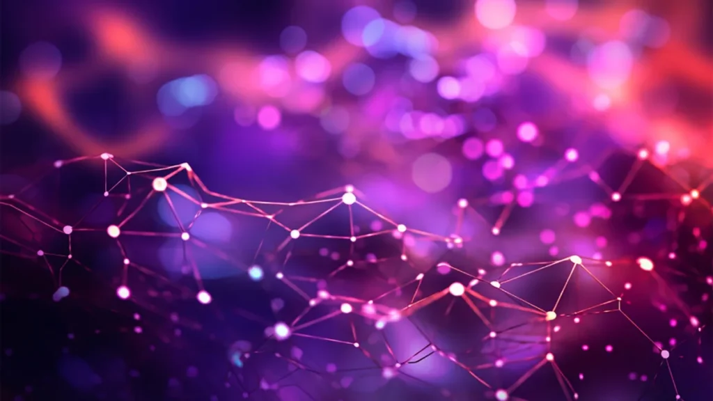 Vibrant abstract network of glowing pink and purple nodes connected by lines, representing a complex digital web.