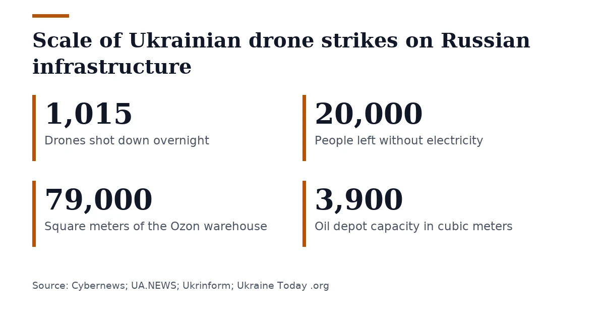 Key figures, Scale of Ukrainian drone strikes on Russian infrastructure. Drones shot down overnight: 1,015; People left without electricity: 20,000; Square meters of the Ozon warehouse: 79,000; Oil depot capacity in cubic meters: 3,900.