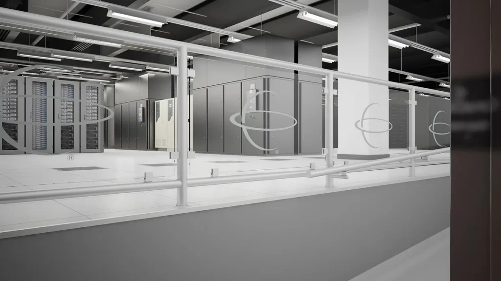 Monochrome view of a clean server room with server racks behind a glass partition featuring a globe-like logo.
