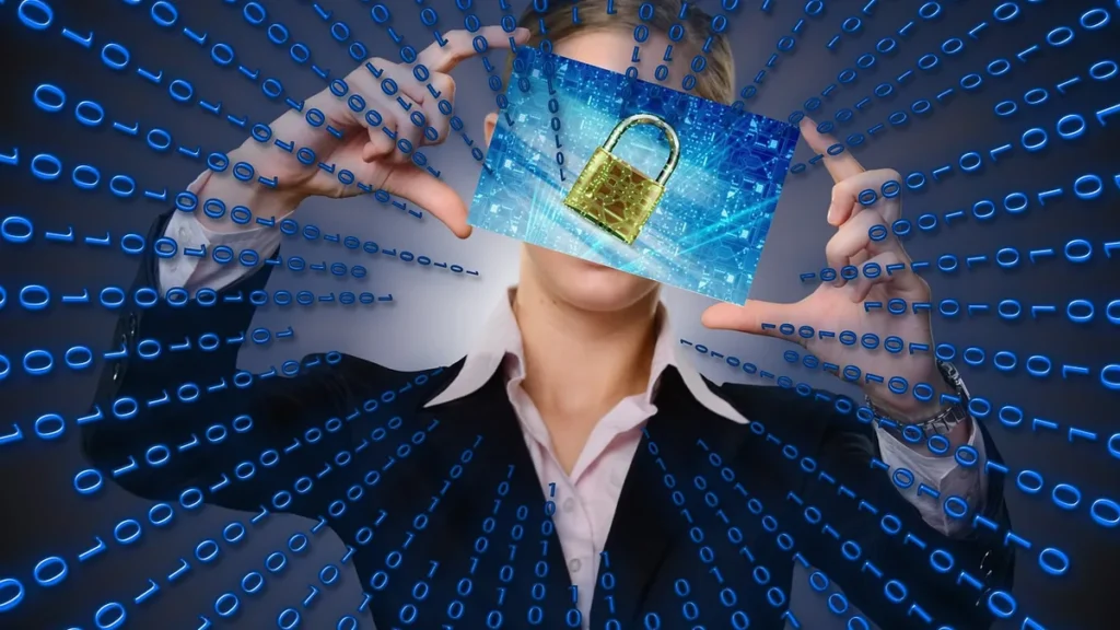 A person holding a glowing padlock card surrounded by blue binary streams, representing cybersecurity.