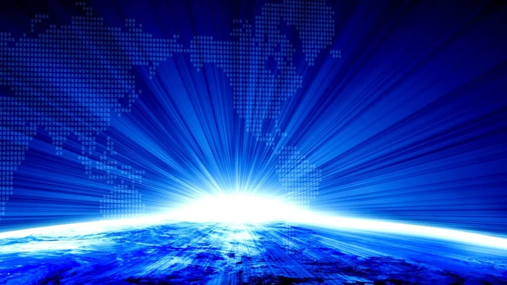 Blue digital world map with bright light rays bursting from a glowing horizon over Earth.
