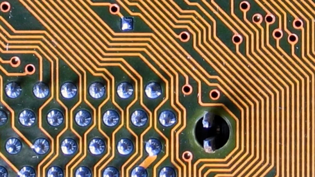 Macro view of a green circuit board showing copper traces, silver solder points, and a central hole.