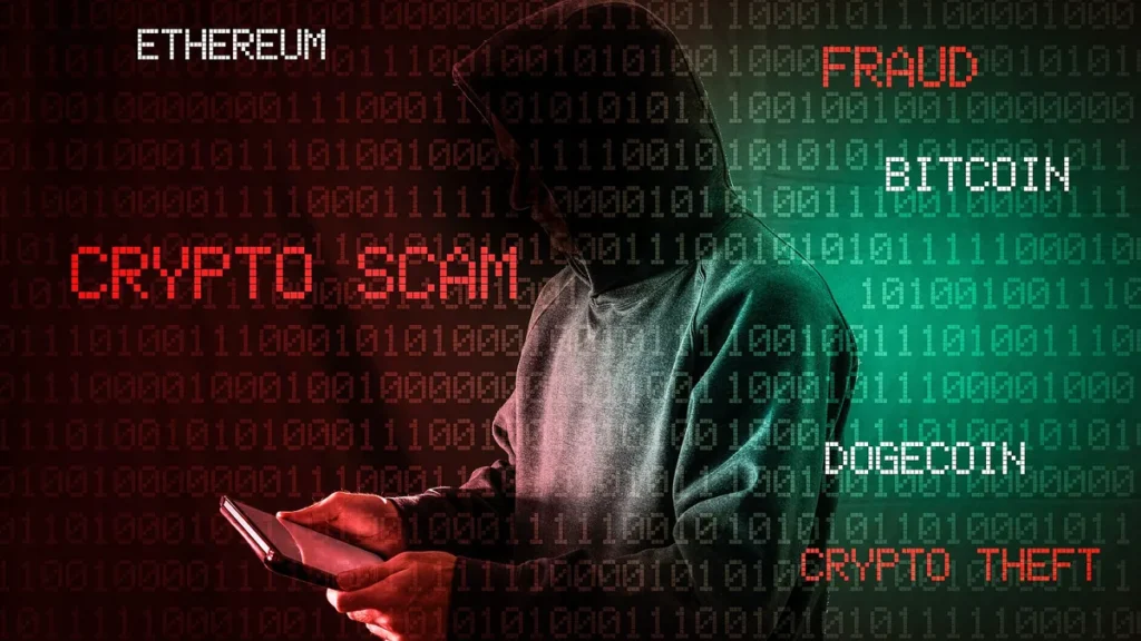 A hooded figure holding a tablet against a background of binary code and terms like CRYPTO SCAM and BITCOIN.